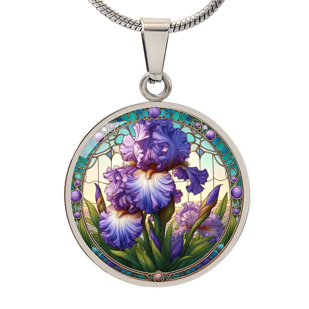 Purple Iris Circle Pendant Necklace