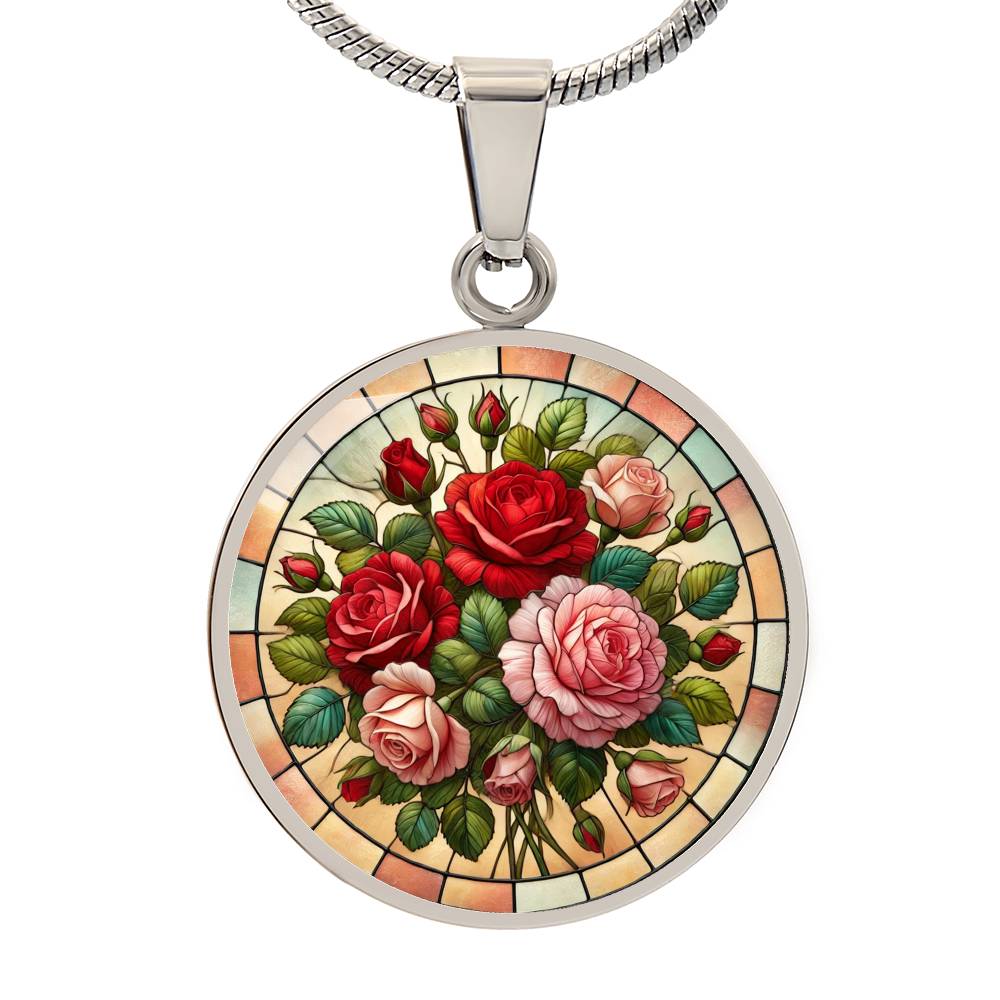Rose Bouquet Circle Pendant Necklace