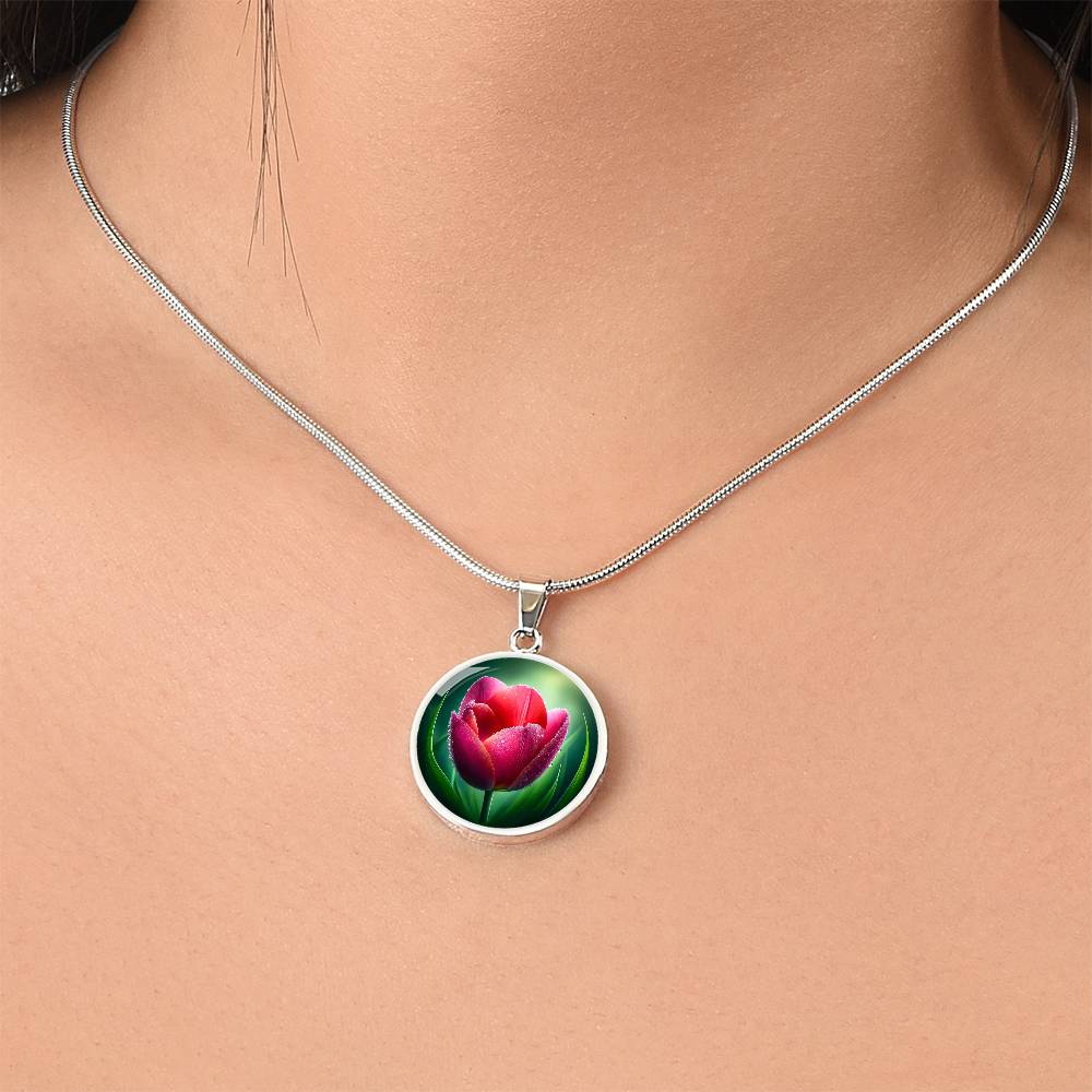Dew-Kissed Tulip Circle Pendant Necklace