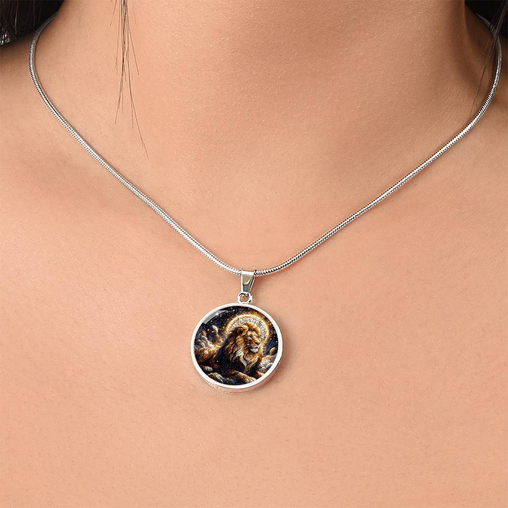 Golden Leo Lion Circle Pendant Necklace