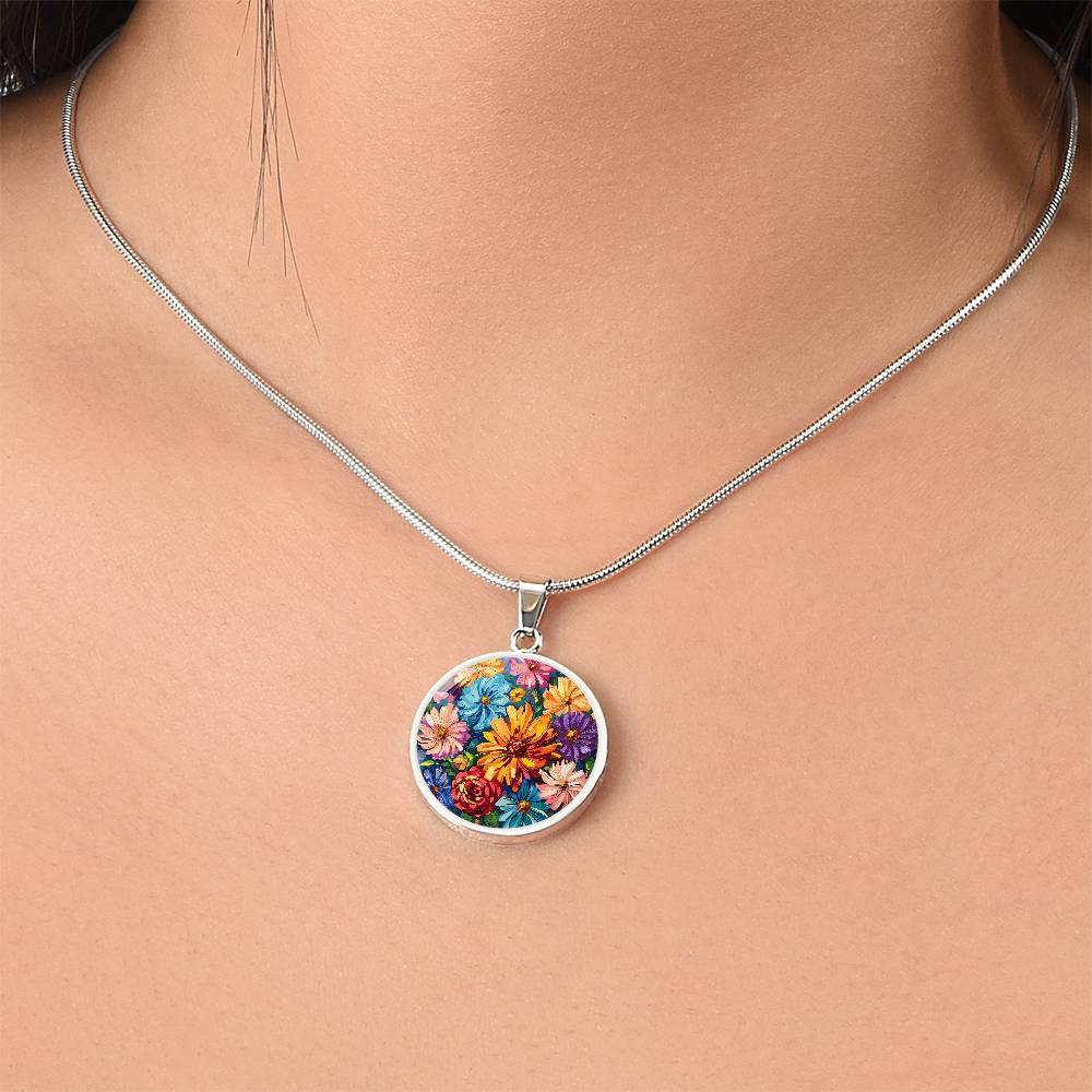 Bright Flowers Circle Pendant Necklace