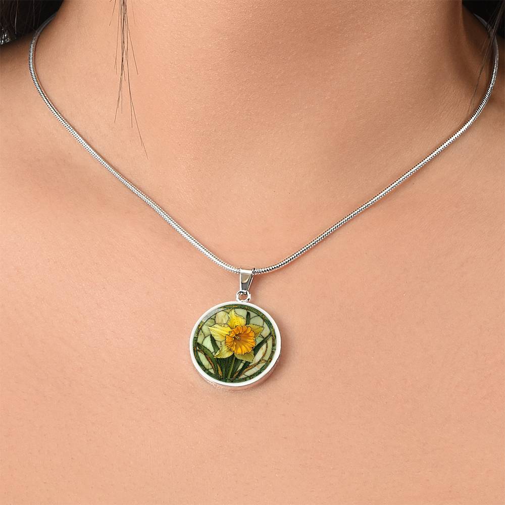 Daffodil Flower Circle Pendant Necklace