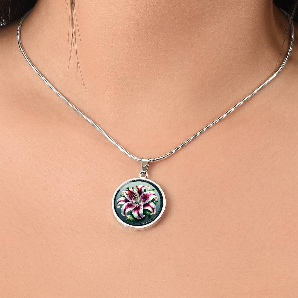 Stargazer Lily Circle Pendant Necklace