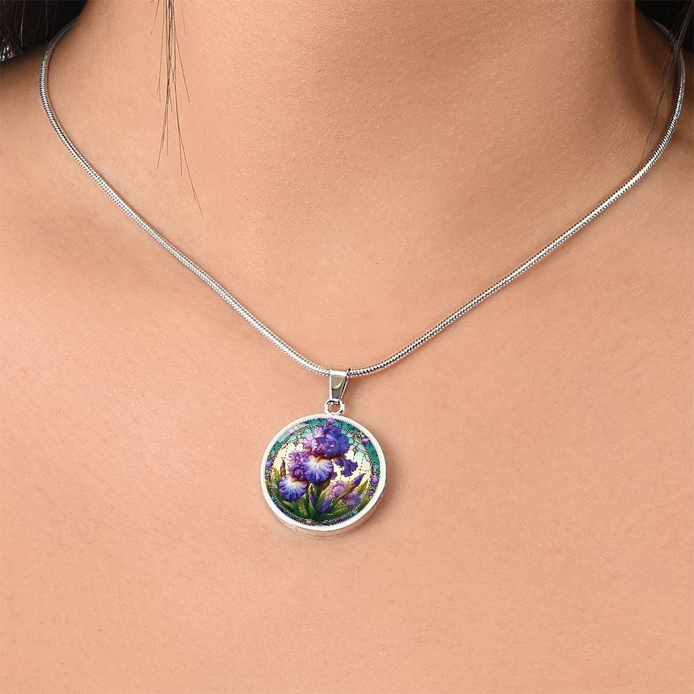 Purple Iris Circle Pendant Necklace
