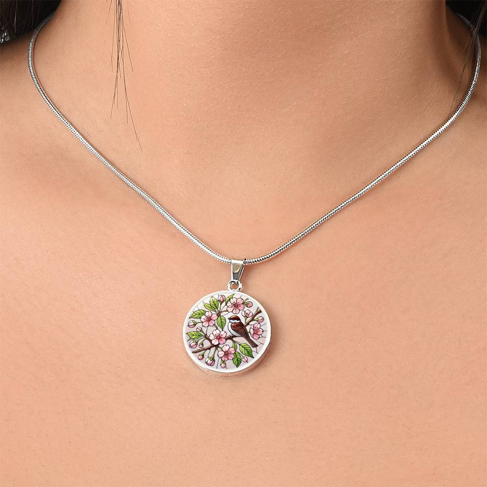 Cherry Blossom Sparrow Circle Pendant Necklace