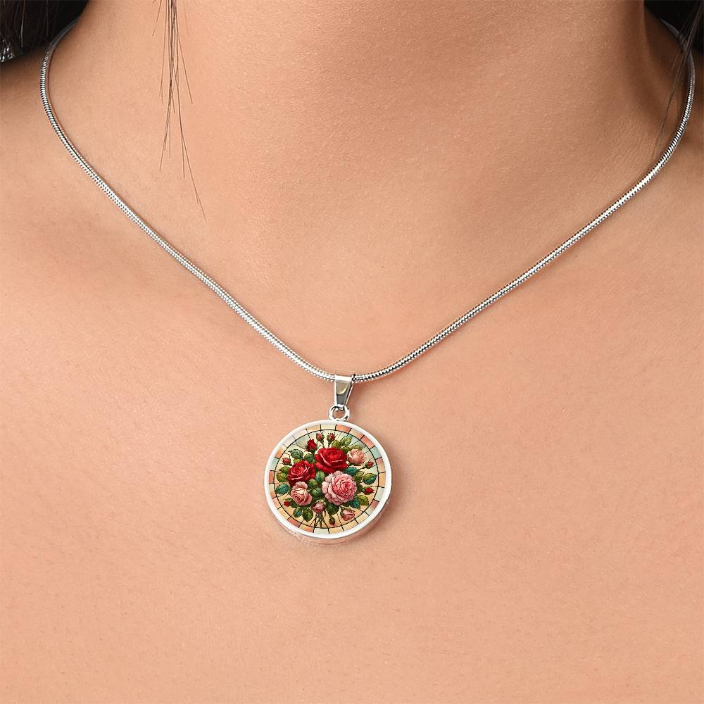 Rose Bouquet Circle Pendant Necklace
