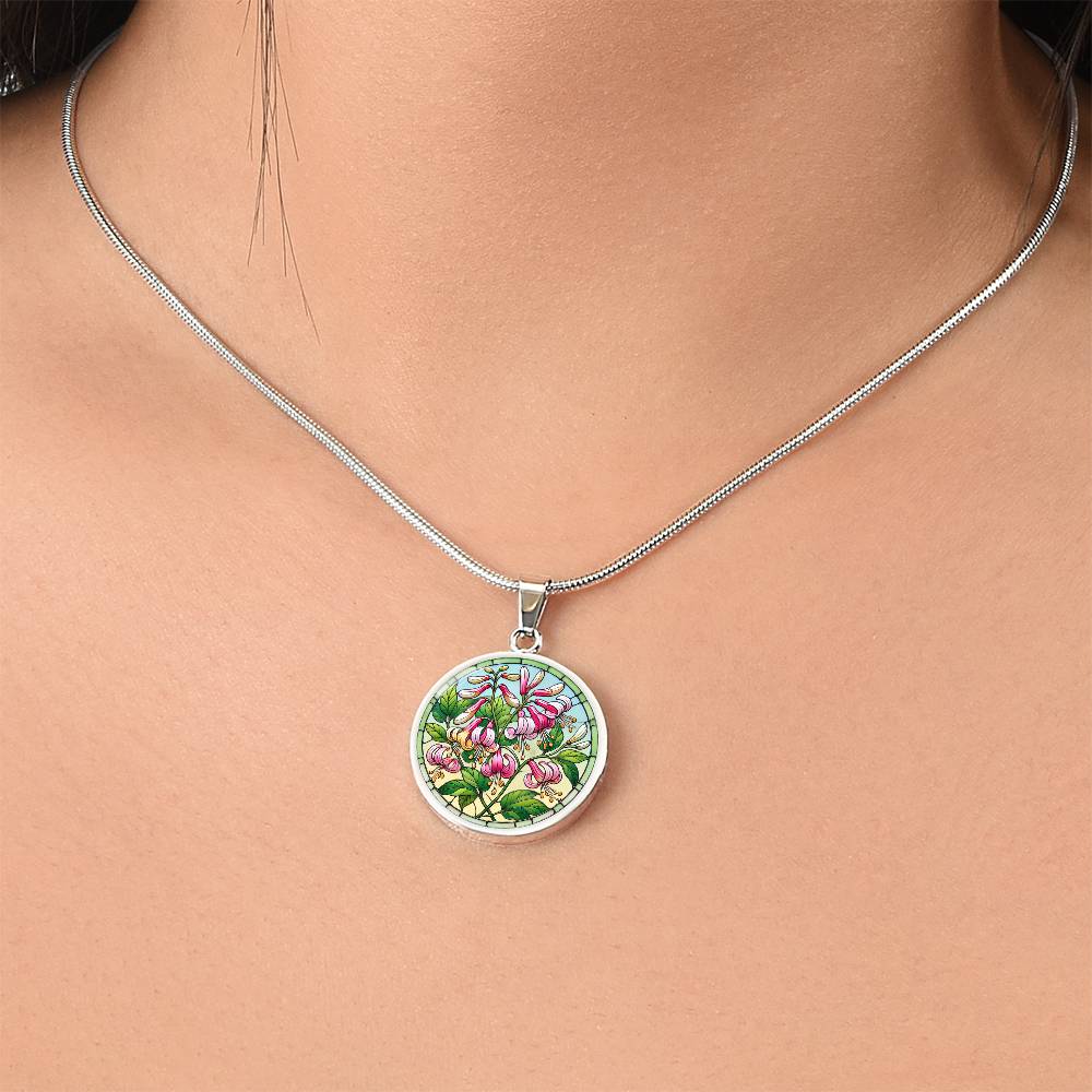Honeysuckle Flowers Circle Pendant Necklace