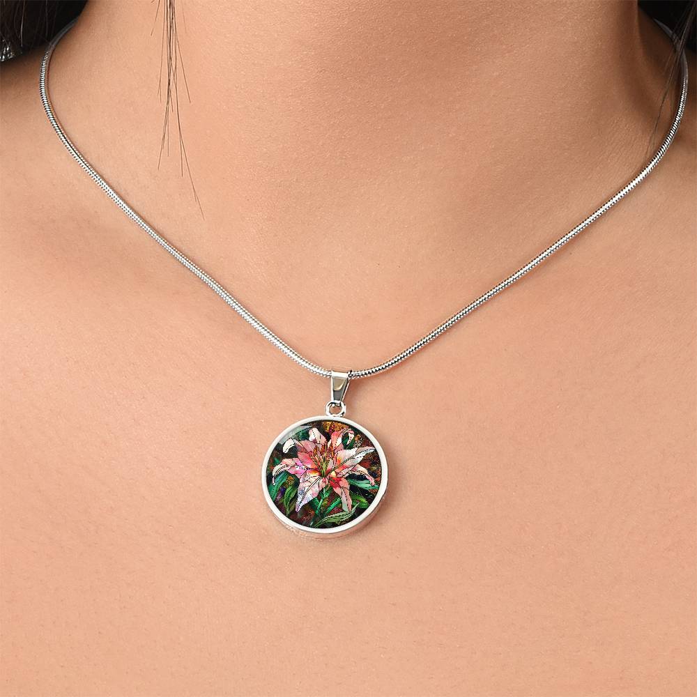 Stargazer Lily Art Circle Pendant Necklace