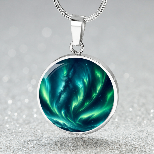 Green Swirls Northern Lights Circle Pendant Necklace