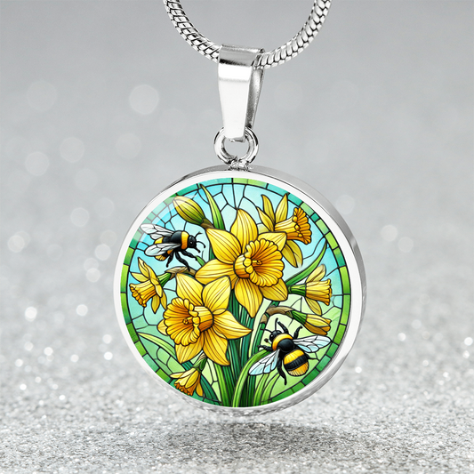 Daffodil Bumblebees Circle Pendant Necklace