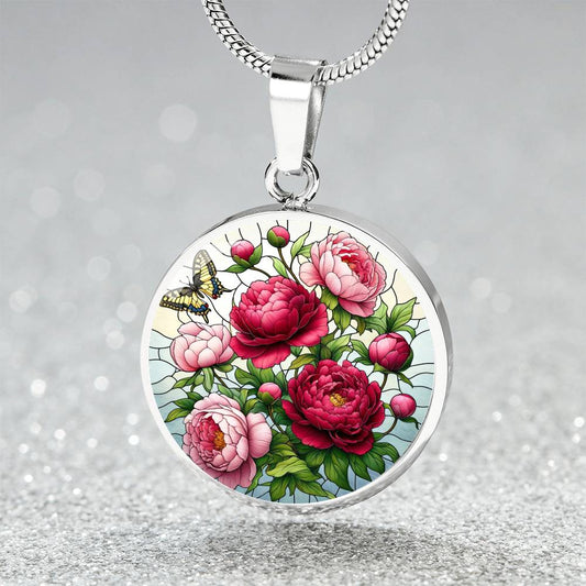 Blooming Peonies Circle Pendant Necklace