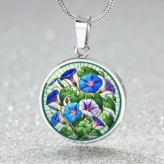 The Morning Glory Flowers Circle Pendant Necklace