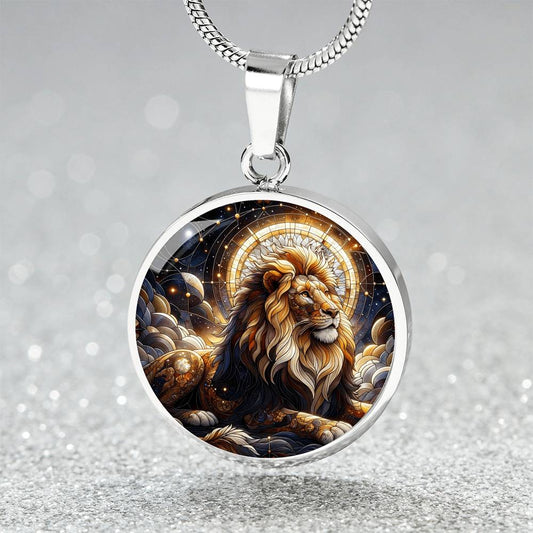 Golden Leo Lion Circle Pendant Necklace