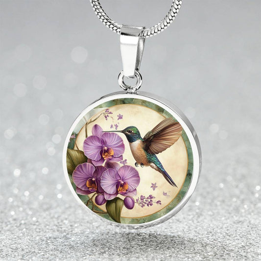 Orchid Hummingbird Circle Pendant Necklace