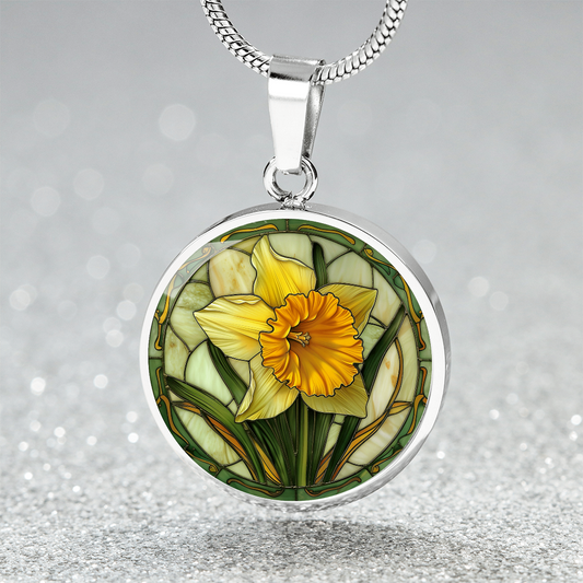 Daffodil Flower Circle Pendant Necklace