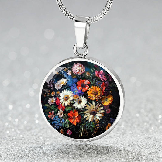 Spring Flowers Circle Pendant Necklace