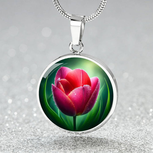 Dew-Kissed Tulip Circle Pendant Necklace
