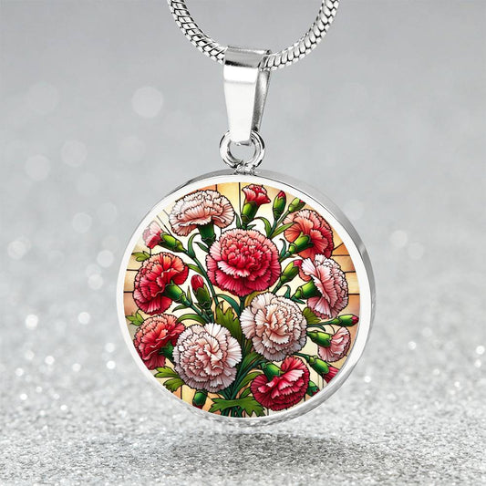 Carnation Bouquet Circle Pendant Necklace