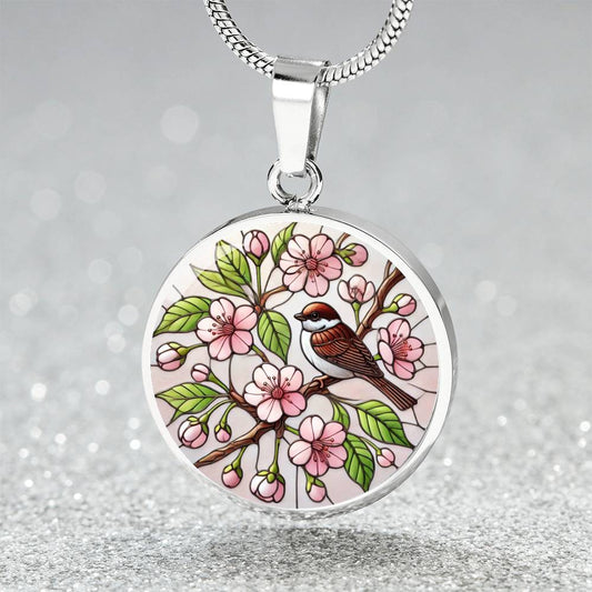 Cherry Blossom Sparrow Circle Pendant Necklace
