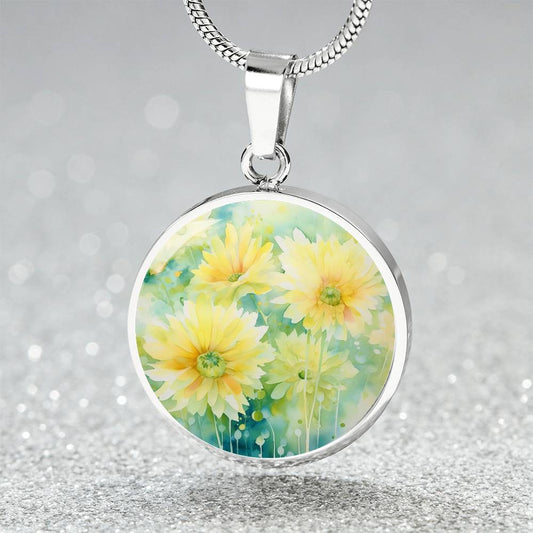 Watercolor Daffodils Circle Pendant Necklace