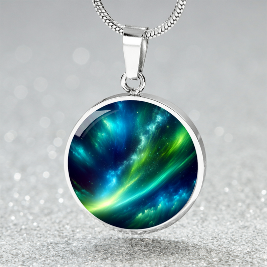Blue Green Aurora Lights Circle Pendant Necklace