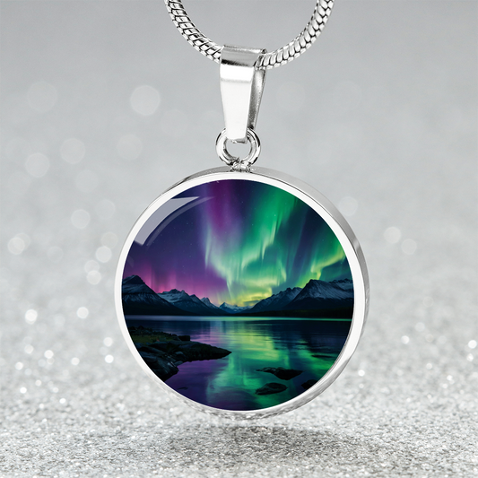 Northern Aurora Mountain Lake Circle Pendant Necklace