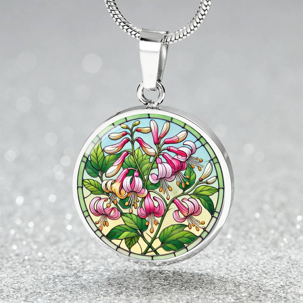 Honeysuckle Flowers Circle Pendant Necklace