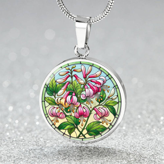 Honeysuckle Flowers Circle Pendant Necklace