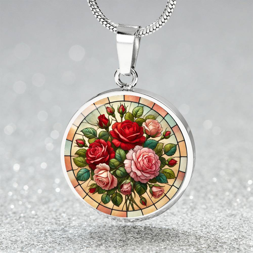 Rose Bouquet Circle Pendant Necklace