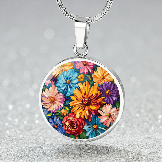 Bright Flowers Circle Pendant Necklace
