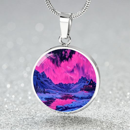 Pink Northern Lights Peaks Circle Pendant Necklace