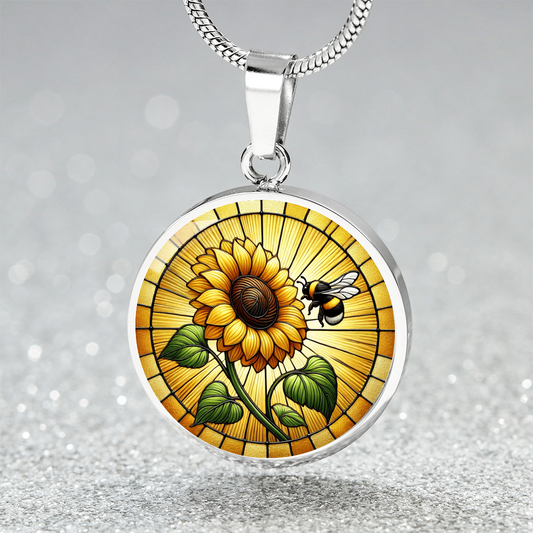 Sunflower Bumblebee Circle Pendant Necklace