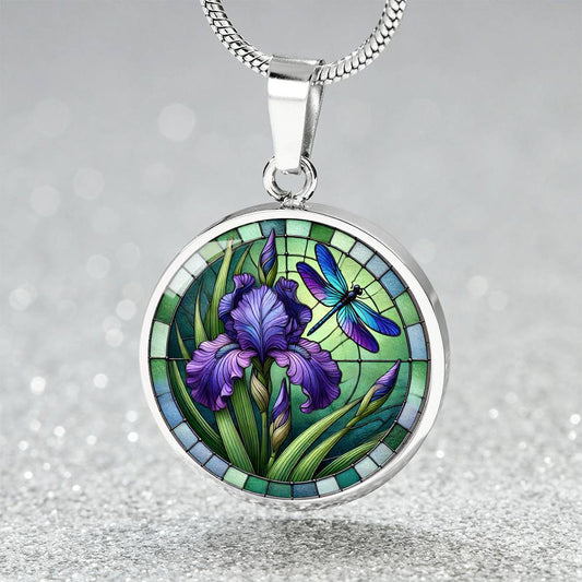 Iris Dragonfly Circle Pendant Necklace