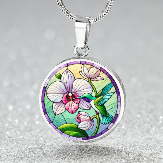 Orchid And Hummingbird Circle Pendant Necklace