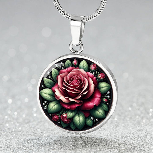 Elegant Rose Circle Pendant Necklace