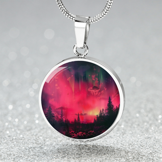 Pink Fire Sky Lights Circle Pendant Necklace