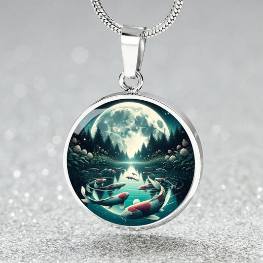 Moonlit Koi Pond Circle Pendant Necklace
