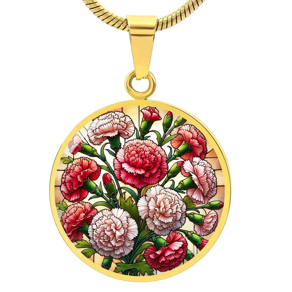 Carnation Bouquet Circle Pendant Necklace