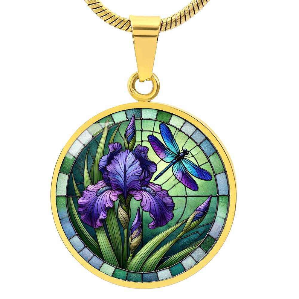 Iris Dragonfly Circle Pendant Necklace