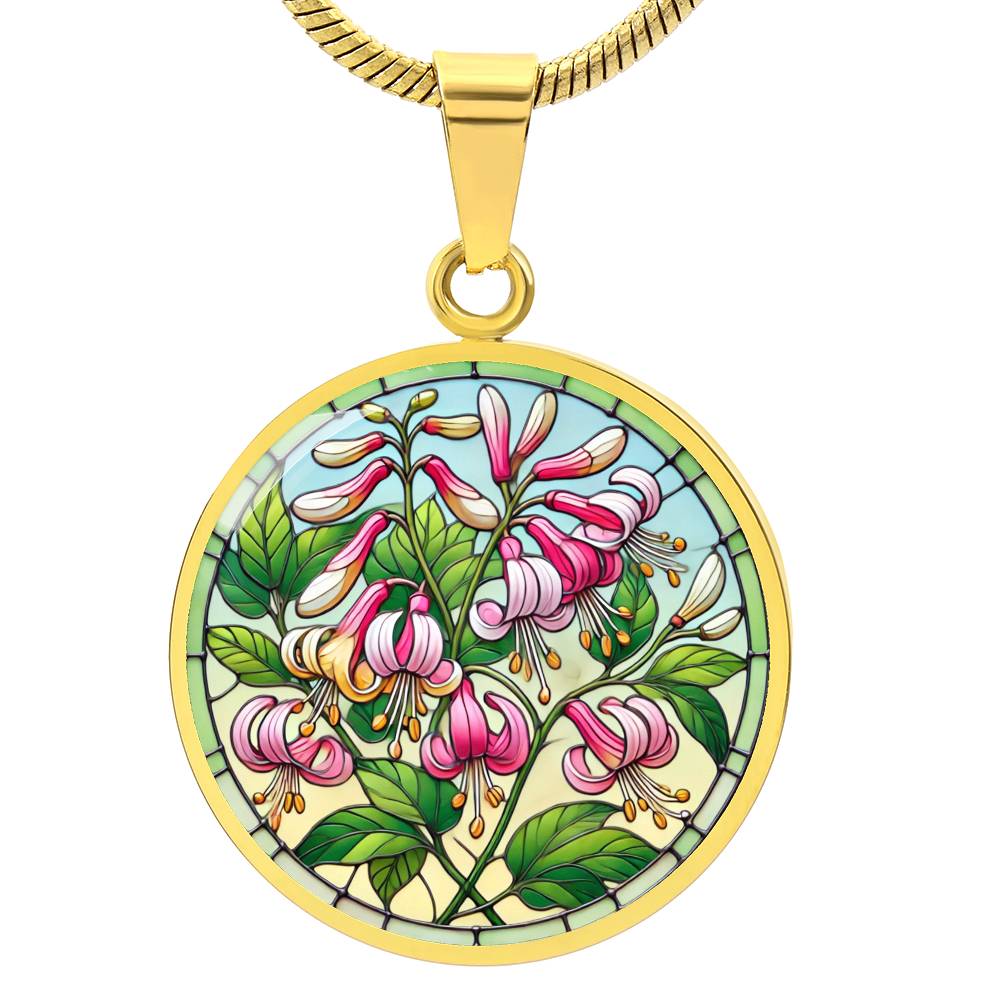 Honeysuckle Flowers Circle Pendant Necklace
