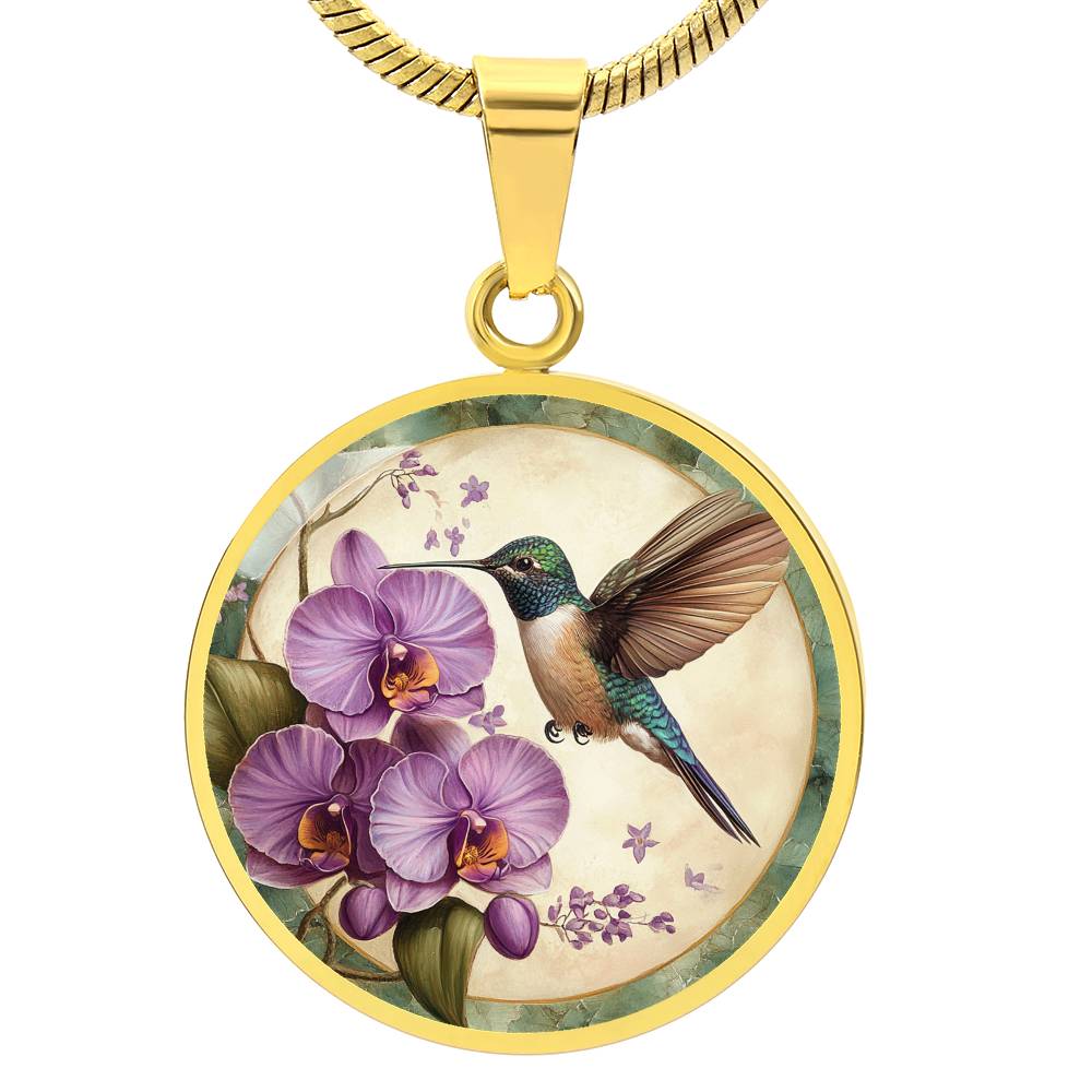 Orchid Hummingbird Circle Pendant Necklace