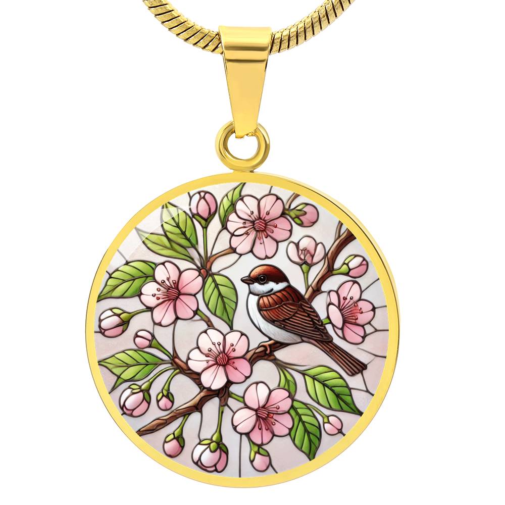 Cherry Blossom Sparrow Circle Pendant Necklace