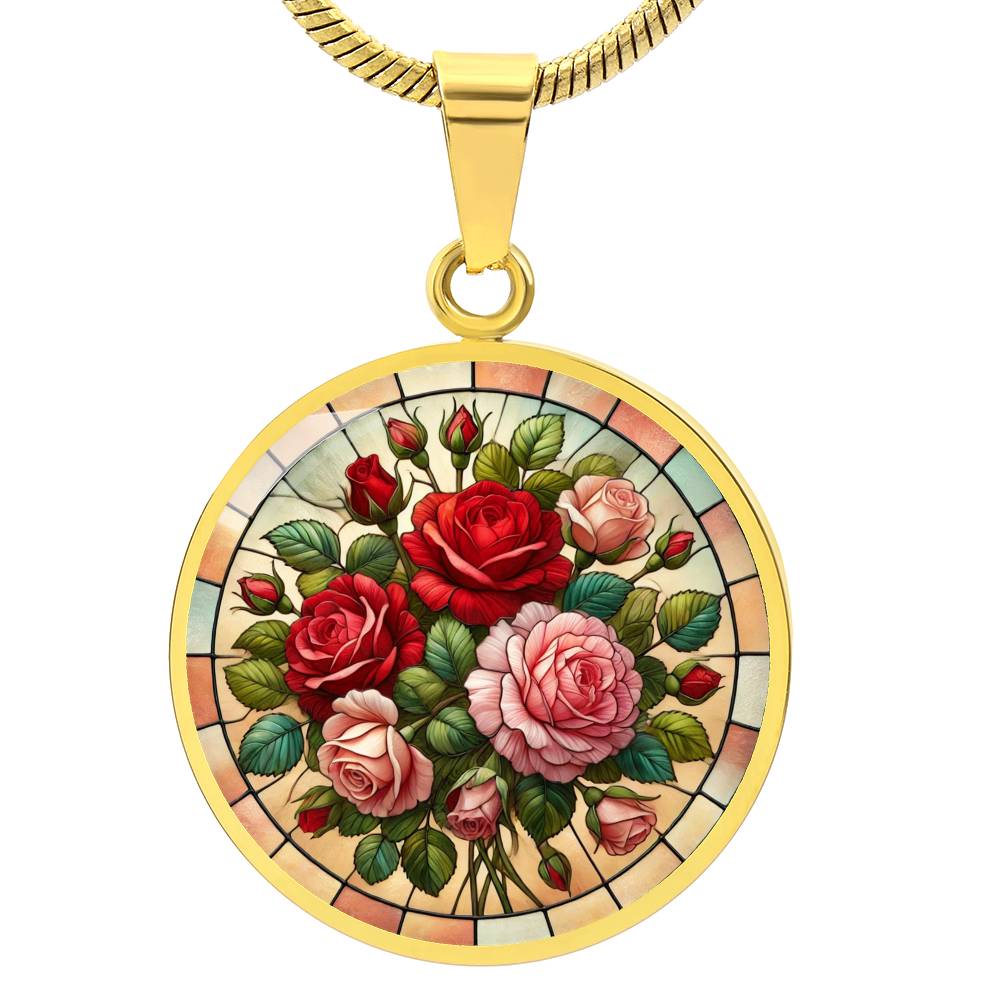 Rose Bouquet Circle Pendant Necklace