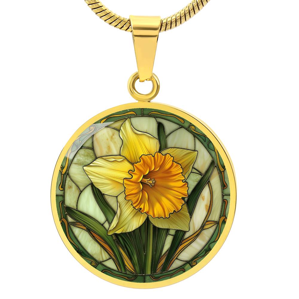 Daffodil Flower Circle Pendant Necklace