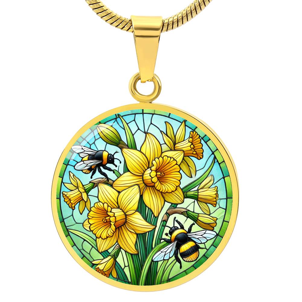 Daffodil Bumblebees Circle Pendant Necklace