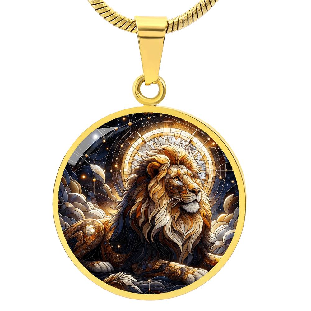 Golden Leo Lion Circle Pendant Necklace