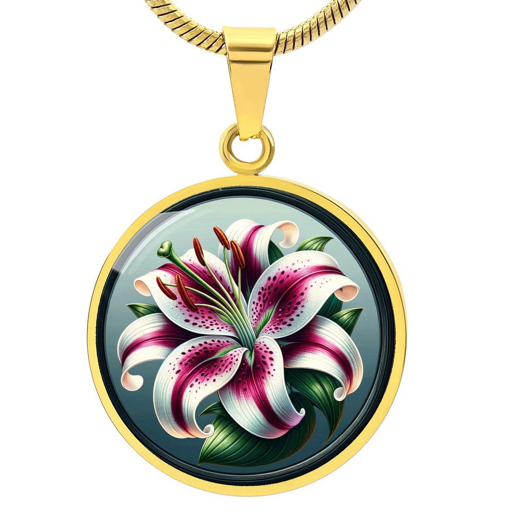 Stargazer Lily Circle Pendant Necklace