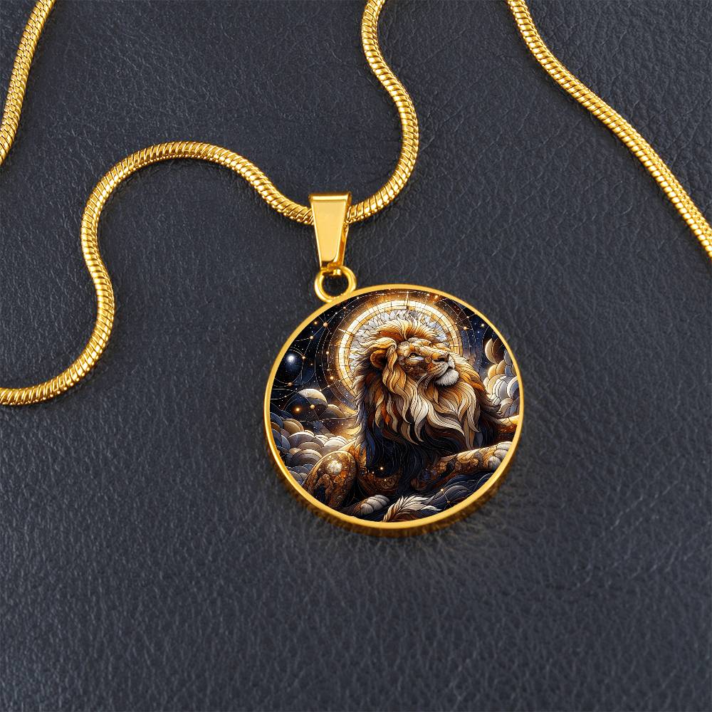 Golden Leo Lion Circle Pendant Necklace